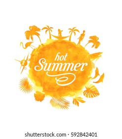 Illustration Tropical Summer Party Banner Design. Vacation Watercolor Bright Background - Vector