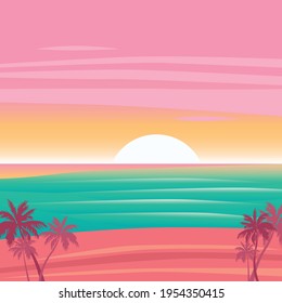 Illustration of tropical sunset with palm trees, green sea and orange to pink background. colour, leisure, holiday and nature concept digitally generated image.