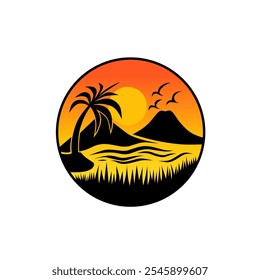 Illustration of a tropical sunset scene, featuring palm trees against an orange sky and mountains. The circular design depicts a peaceful ocean scene with birds flying above.