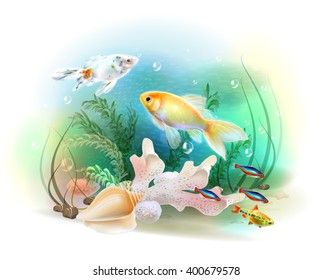 Illustration of the tropical underwater world. Aquarium fish.