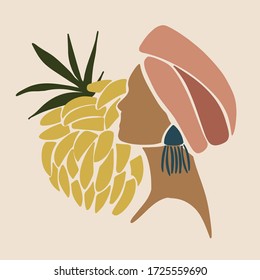 Illustration of Tropocal woman with a banana bunch and leaf on background. Made in modern art style and in earthy tones. Great wall decoration for living room or bedroom. 