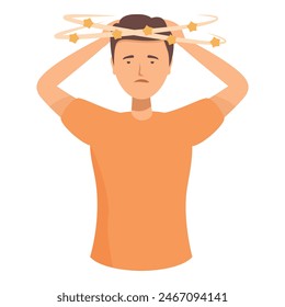 Illustration of a troubled adult male experiencing vertigo. Dizziness. And imbalance. Depicted in a simple cartoon vector graphic with a man in an orange shirt. Suffering from confusion. Nausea