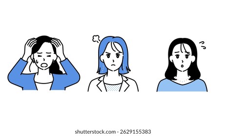 Illustration of troubled emotions and poses (female) in business situations.