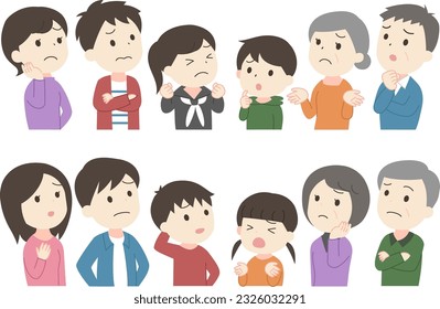 Illustration of a troubled expression of a three-generation family