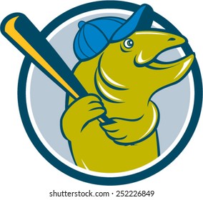 Illustration Of A Trout Fish Baseball Player With Hat Holding Baseball Bat Batting Looking To The Side  Set Inside Circle On Isolated Background Done In Cartoon Style. 