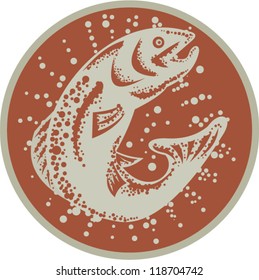 Illustration of a trout fish jumping set inside circle on isolated white background done in retro style.