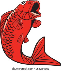 Illustration of a trout fish jumping set inside shield with sunburst in background set inside crest done in cartoon style