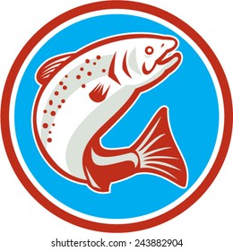 Illustration of a trout fish jumping viewed from the side set inside circle on isolated background done in retro style. 