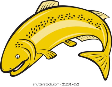 Illustration of a trout rainbow fish jumping viewed from the side on isolated white background done in cartoon style.