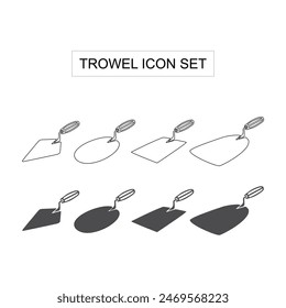 Illustration of a trowel tool. Building repair work with cement. Stone shovel icon. Symbol template for graphic and web design collection. Manual sand cement mixer tool. Vector set of renovation tool 