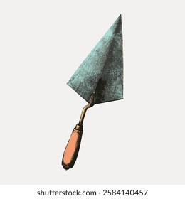 Illustration of a trowel with a wooden handle and metal blade. Trowel tool used in construction and gardening. Vintage trowel design on a plain background. Vintage art illustration, vector.