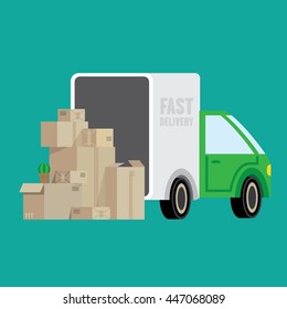 Illustration with a truck and boxes. Illustrates moving, changing apartments, fast delivery of goods.