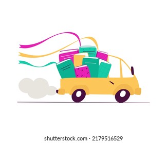 Illustration with a truck delivering books. Book delivery concept. A car filled with books drives down the street. Flat vector illustration.