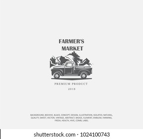 Illustration of a truck on a background of mountains, the logo of agriculture, delivery of a natural product, the icon of a farmer's machine
