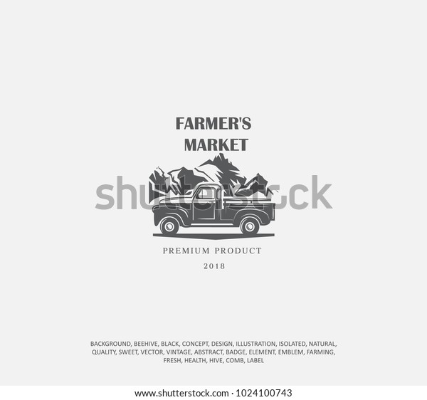 Illustration of a truck on a background of\
mountains, the logo of agriculture, delivery of a natural product,\
the icon of a farmer\'s\
machine