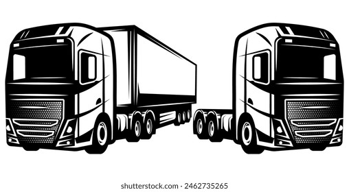 Illustration of a truck and trailer. Vector monochrome Template for badge design.