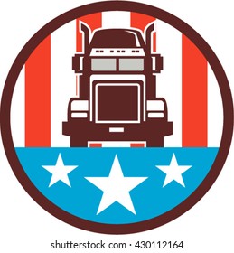 Illustration of a truck viewed from front set inside circle with american stars and stripes in the background done in retro style. 