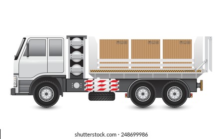 Illustration of trucks and carton isolated on white background.