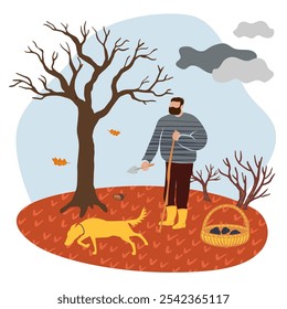 illustration of a truffle hunt with a man and a dog harvesting mushrooms in a basket. for advertising banners, posters, articles and local market decor