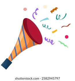 Illustration of a trumpet with colorful confetti spraying out