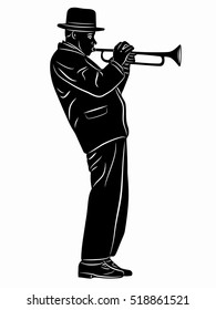 illustration of trumpet player . black and white drawing, white background