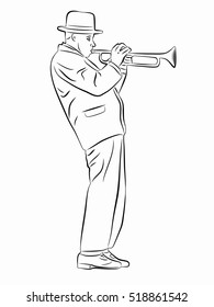 illustration of trumpet player . black and white drawing, white background