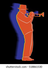 illustration of trumpet player . color drawing, black background