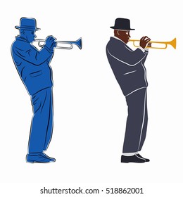 illustration of trumpet player . color drawing, white background