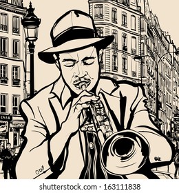 Illustration of a trumpet player on a  cityscape of Paris background