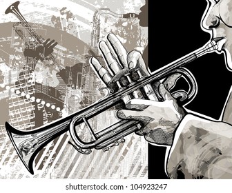 Illustration of a trumpet player over a modern city background