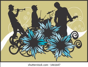 Illustration of a trumpeter, a drummer and a guitarist