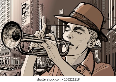 Illustration of a trumpeter in a New York street