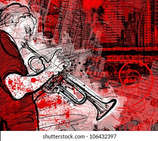 Illustration of a trumpeter on a grunge cityscape background