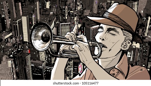 Illustration of a trumpeter over a cityscape background