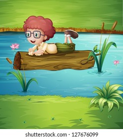 Illustration of a trunk of a tree floating with a boy