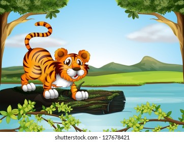 Illustration of a trunk of a tree floating in the river with a tiger