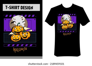 Illustration T-Shirt Design, Kürbis, Mond und Fledermaus, Vektorgrafik. mit einem Straßenverschleißhintergrund, ideal für Merchandising zu Halloween-Feiern