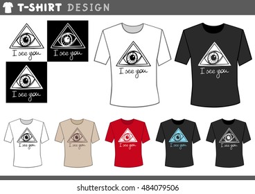 Illustration of T-Shirt Design Template with Eye of Providence on Lettering