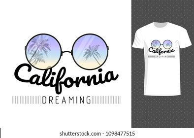 Illustration for t-shirt, poster, print, banner, flyer, postcard. Slogan: California dreaming. Cector design with palms and typo.
