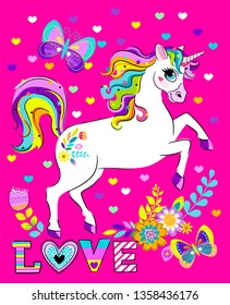 Illustration for t-shirts. Cartoon colorful cute unicorn for girl kids design. Girlish print