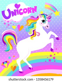 Illustration for t-shirts. Cartoon colorful cute unicorn for girl kids design. Girlish print