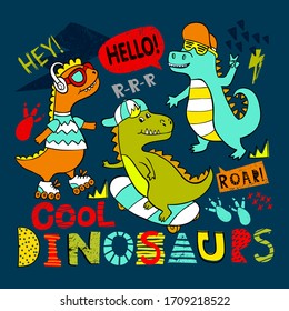 Ilustración para pantalones en t con dinosaurios dibujados a mano en patineta y patines. Diseño genial para niños pequeños