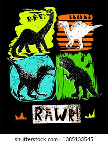 Illustration for t-shirts with colorful  hand drawing dinosaurs. 