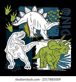 Ilustração para camisetas com dinossauros coloridos desenhando à mão. Design de impressão para menino em fundo preto, estilo Grunge