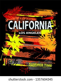 Illustration for t-shirts  with palm and  word California. Abstract design  for boy