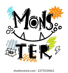 illustration for t-shirts with word "monster". Vector graphic on white background.