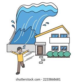 It is an illustration of a tsunami caused by an earthquake, a house being attacked, and residents fleeing.