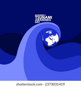 Illustration of a tsunami and earth, with bold text on a dark blue background to commemorate World Tsunami Awareness Day on November 5