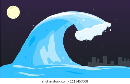 illustration of tsunami at night