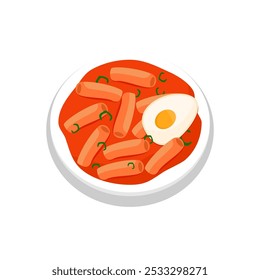 Illustration of Tteokbokki, typical Korean food, chewy rice cake cooked with sweet and spicy sauce.